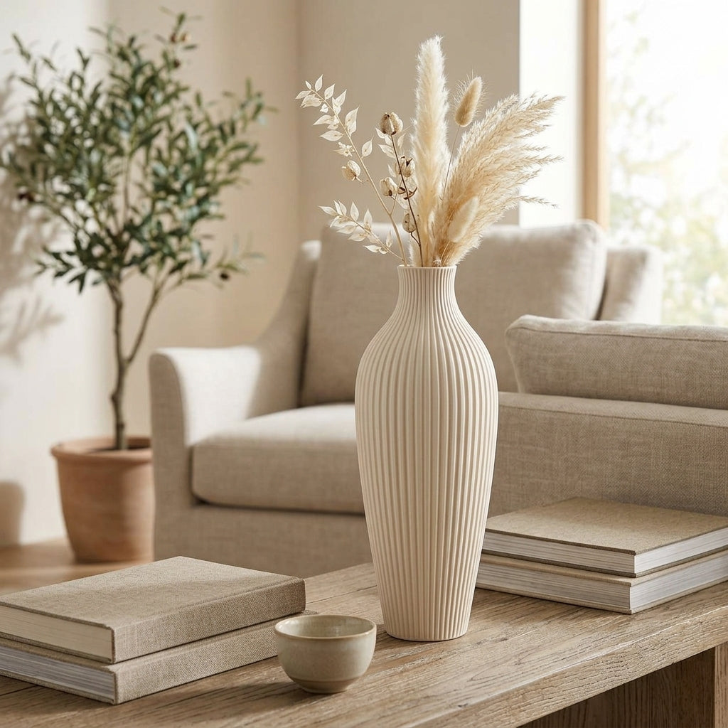 Tall Ivory Fluted Ceramic Vase