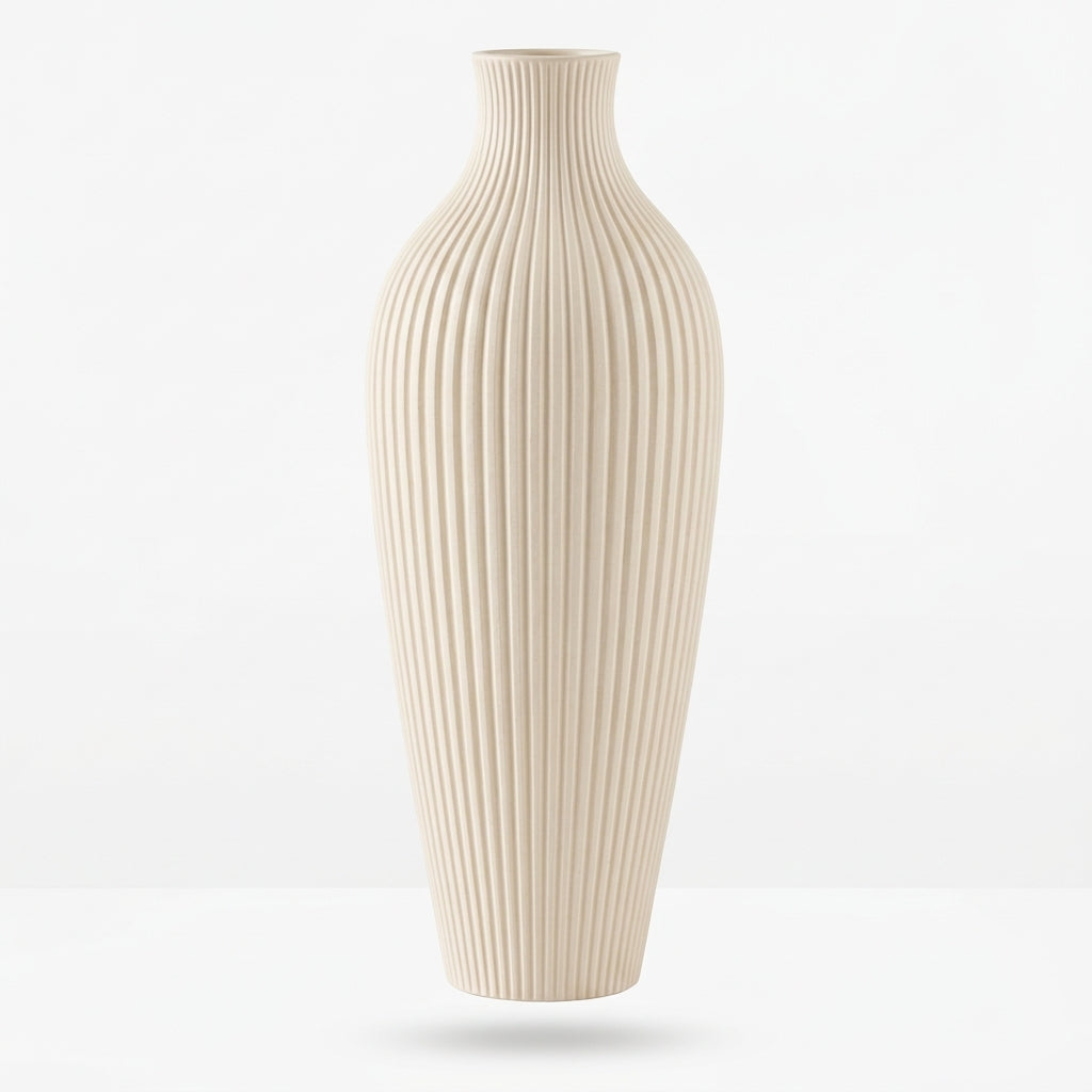 Tall Ivory Fluted Ceramic Vase