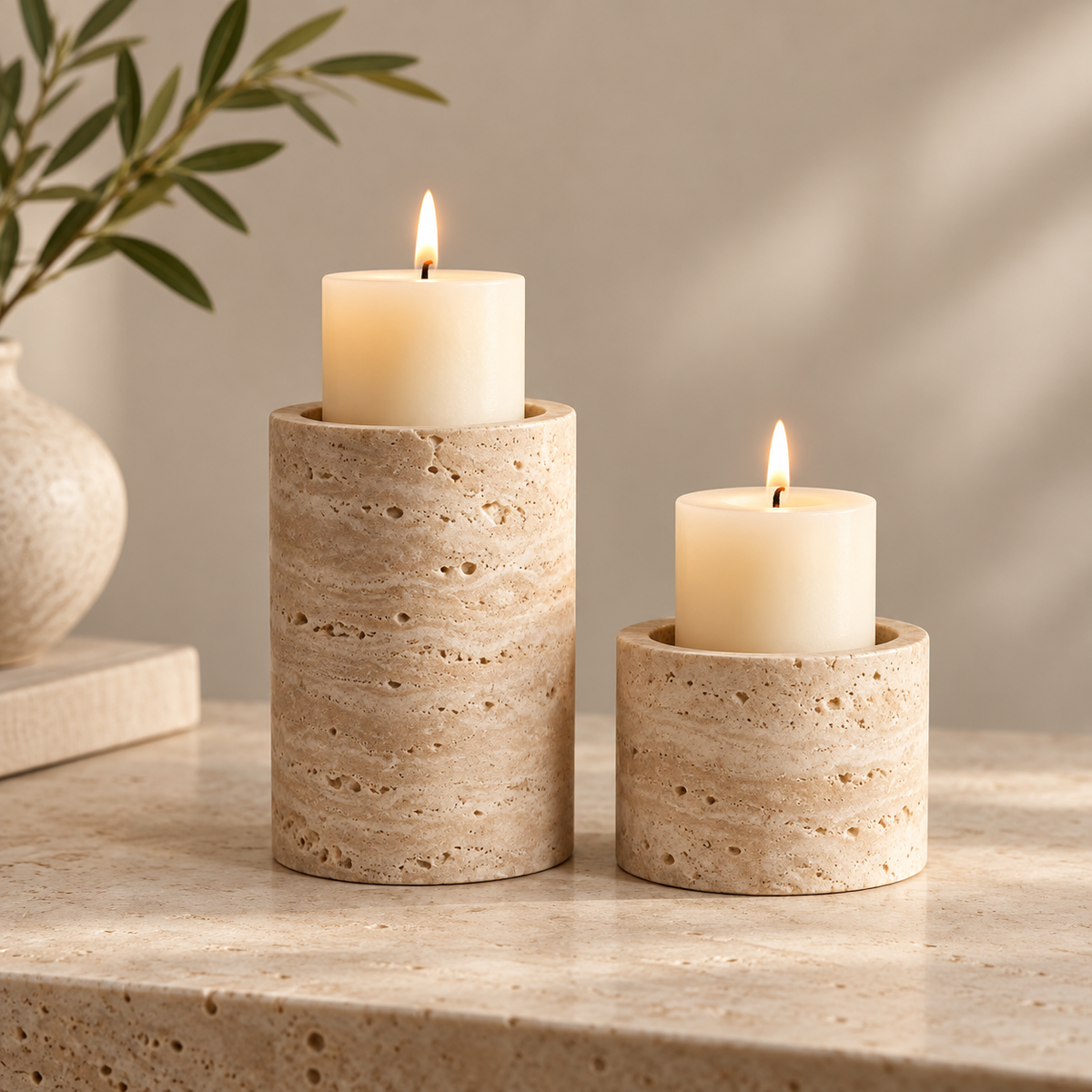Travertine-Style Candle Holders – Set of 2