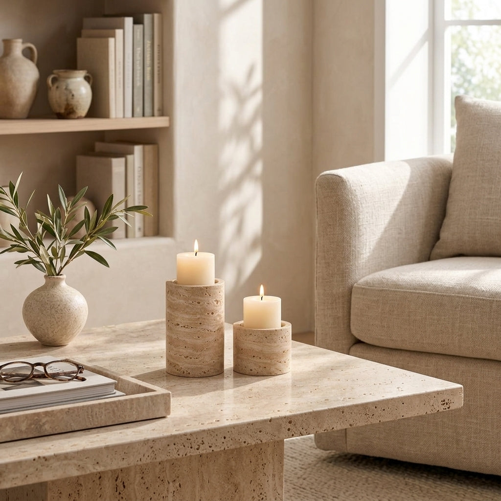 Travertine-Style Candle Holders – Set of 2