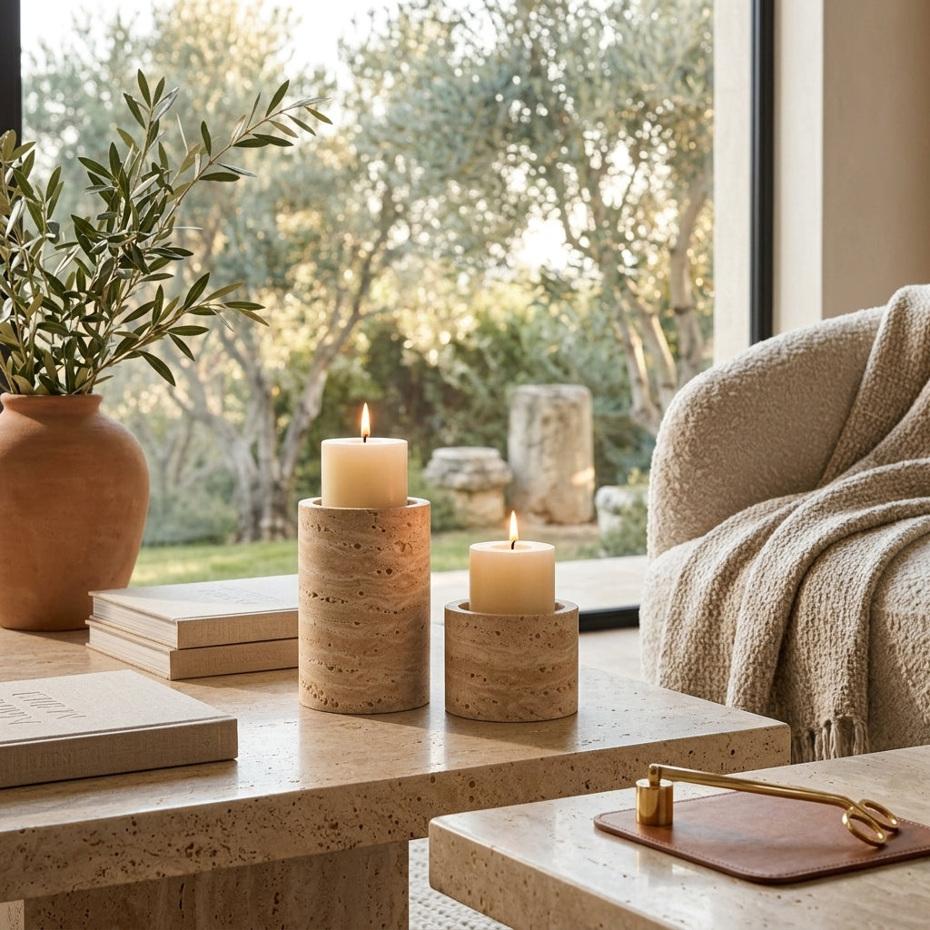 Travertine-Style Candle Holders – Set of 2