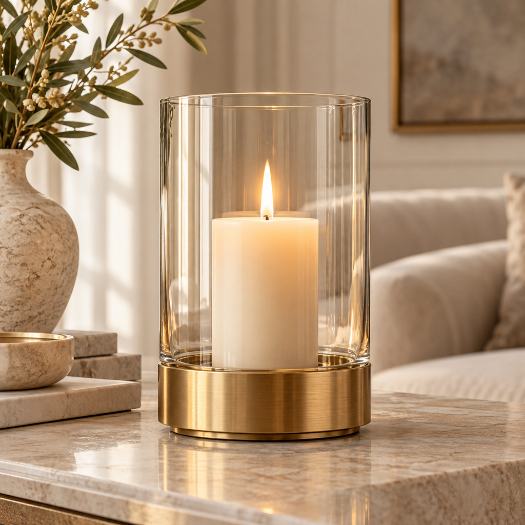 Glass Hurricane Candle Holder with Gold Base