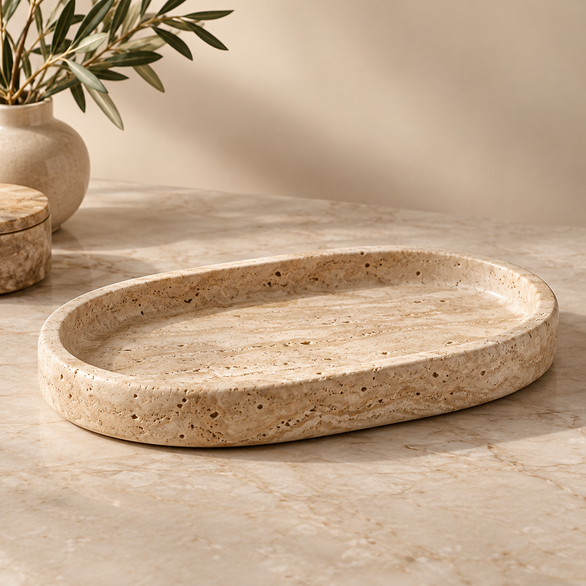 Oval Travertine-Style Decorative Tray