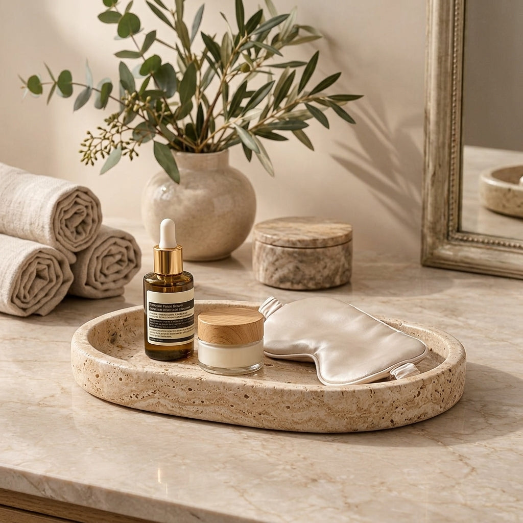 Oval Travertine-Style Decorative Tray