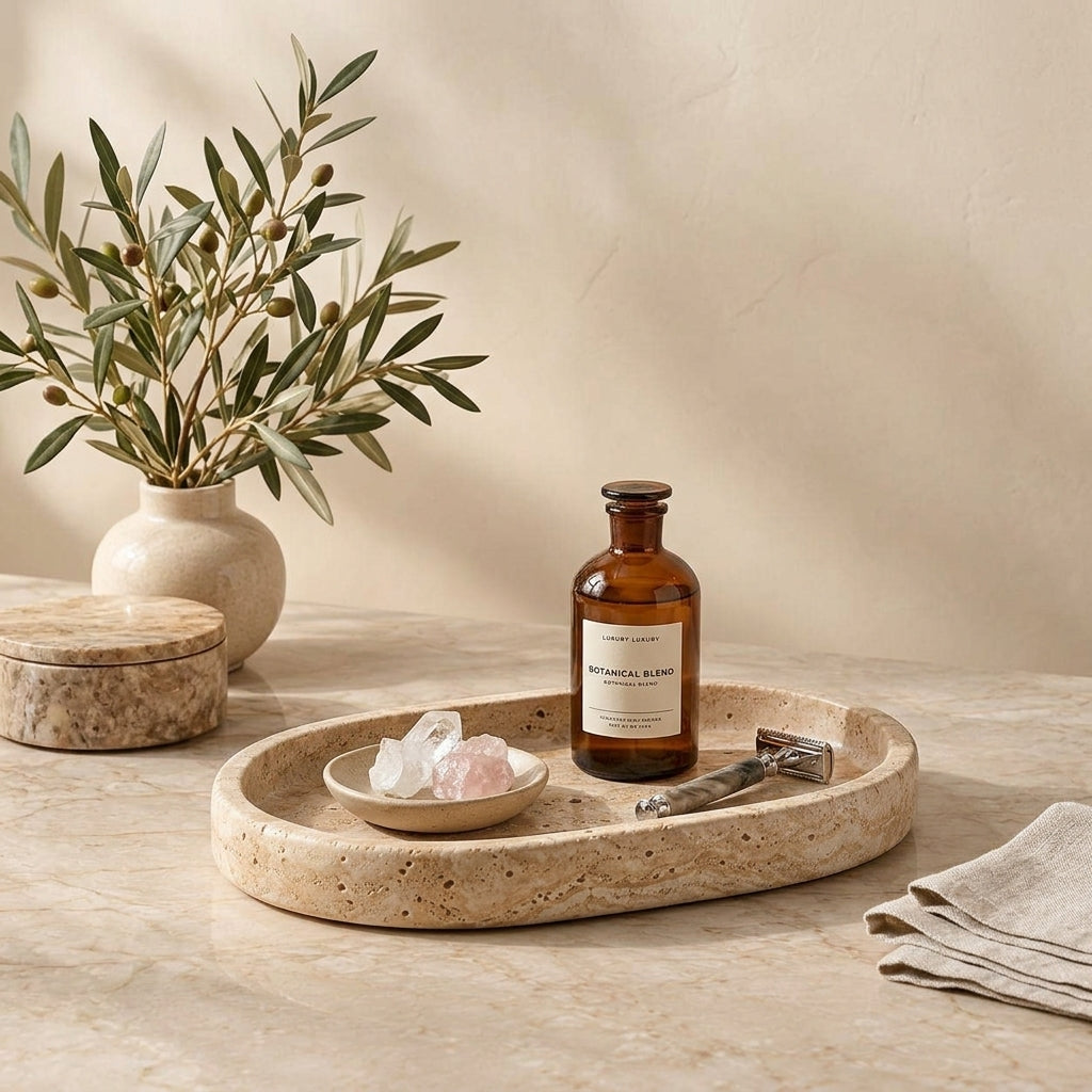 Oval Travertine-Style Decorative Tray